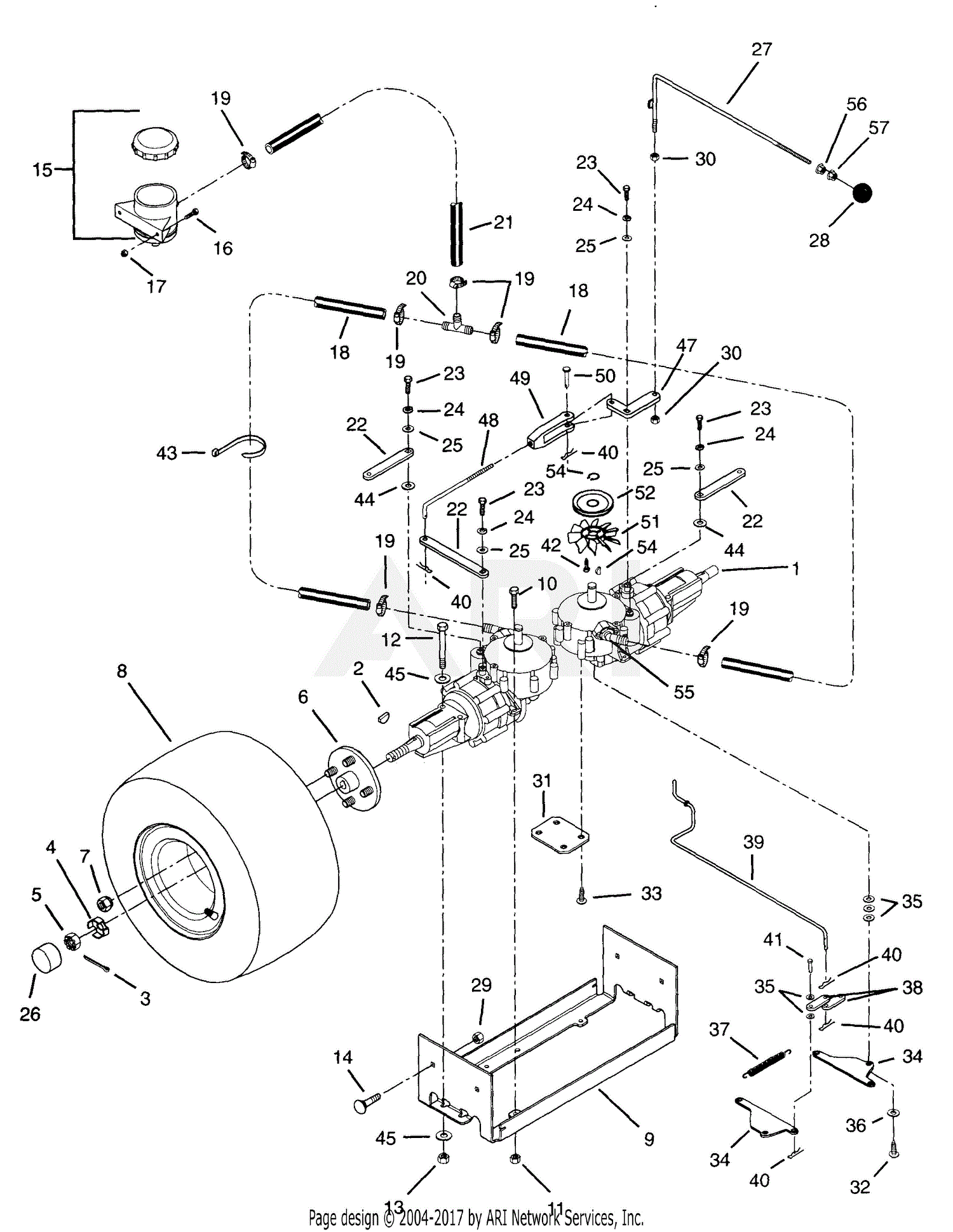 Ariens 915302 000101 EZR 1648 16hp B S 48 Deck Parts Diagram for Transmission And Wheels