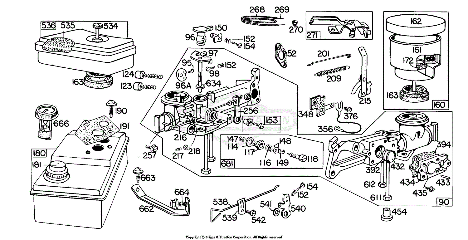 Briggs and Stratton 081992-9456-23 Parts Diagram for Carb Assy, A/C Grps, FuelTank
