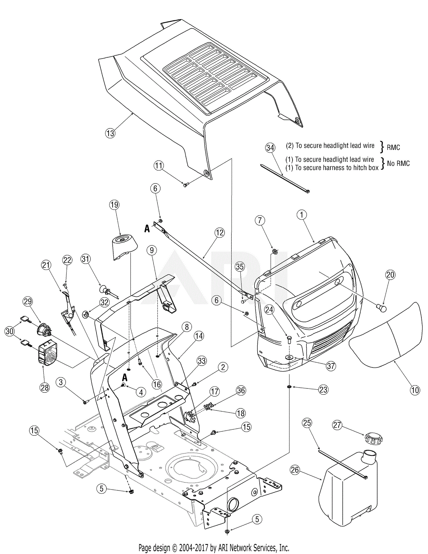 MTD 13AM762F765 (2007) Parts Diagram for Hood Style 2 cub cadet mower deck parts diagram 