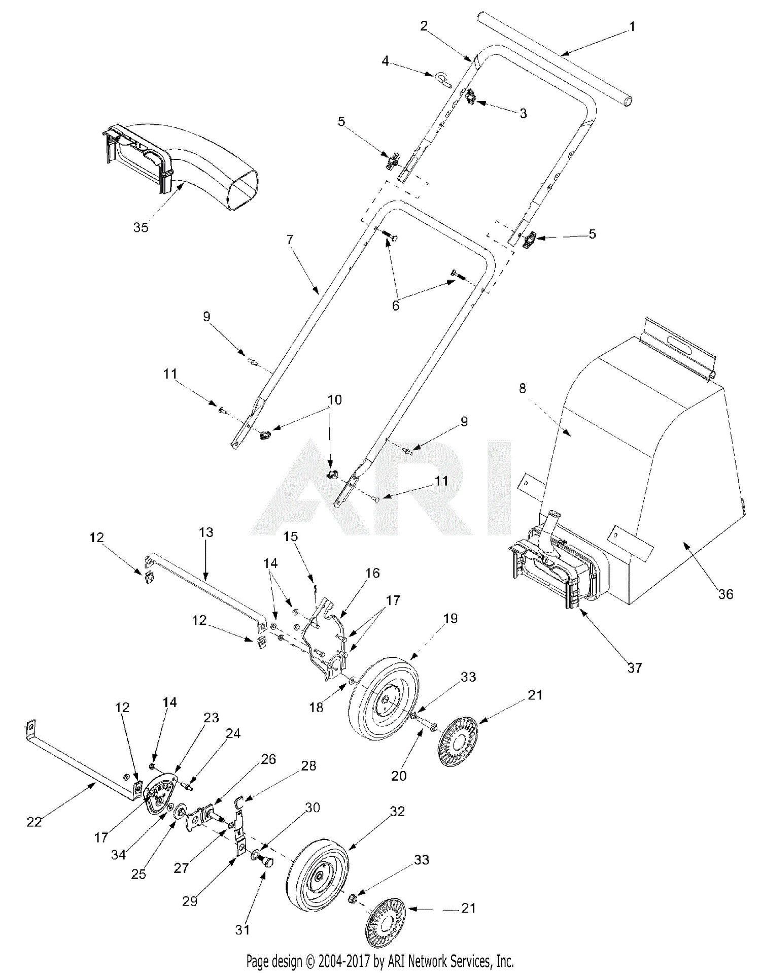 MTD 24B-031E099 (247.77010) (2002) Parts Diagram for Handles, Bag & Wheels