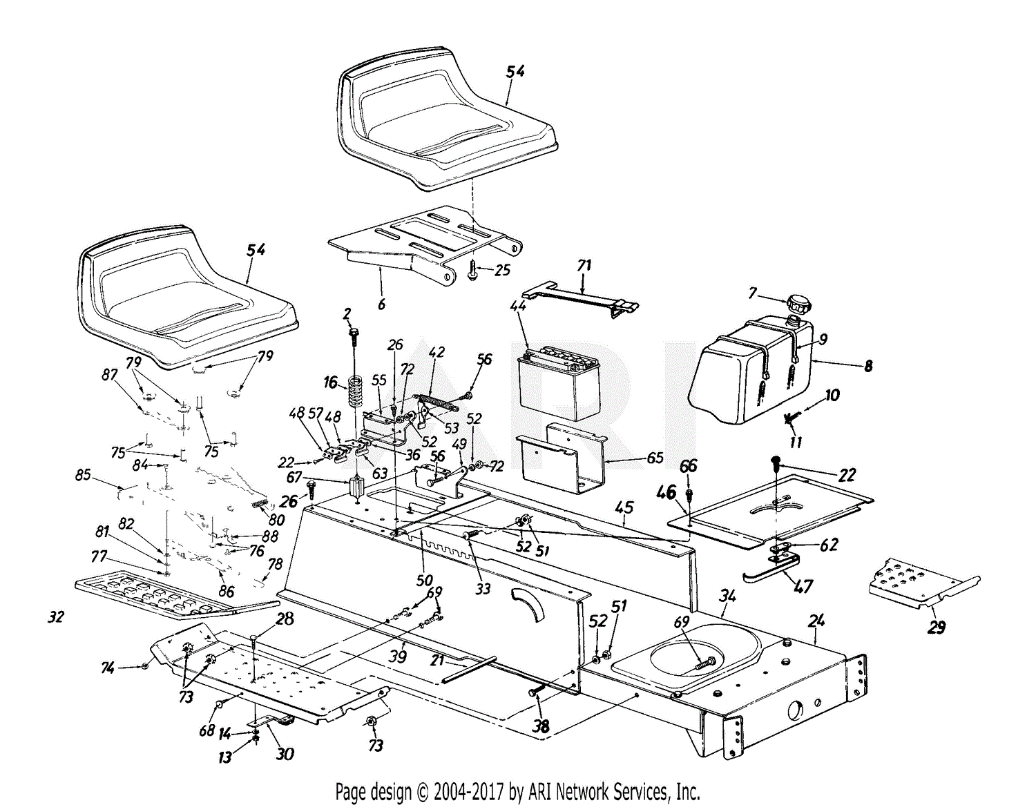 MTD 13A6672G129 (2000) Parts Diagram for Seat, Fuel Tank, Battery, Frame