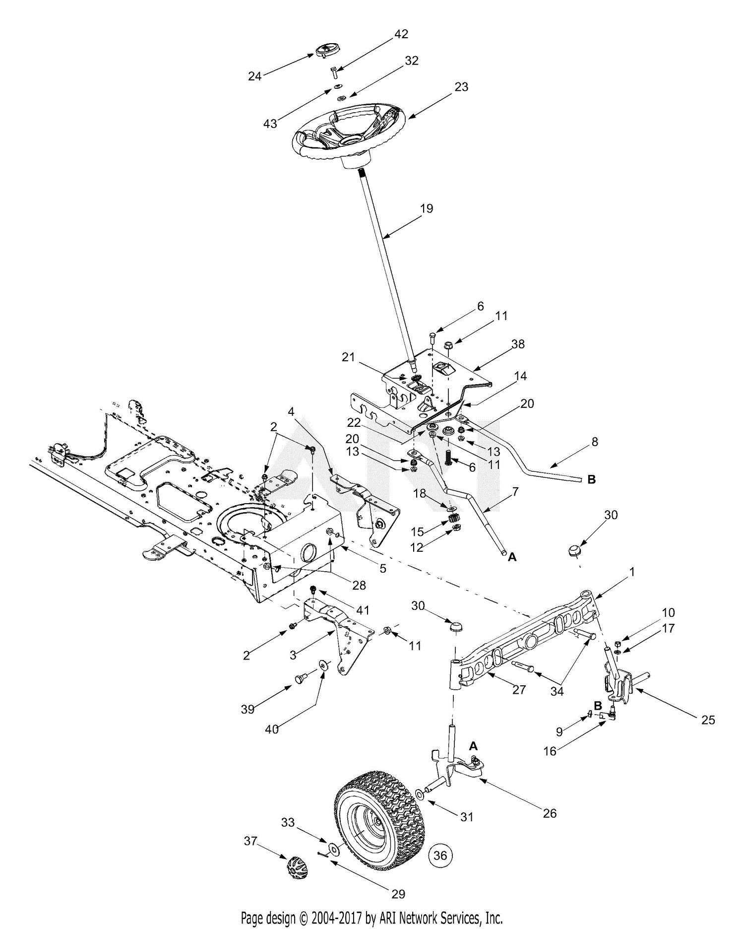 MTD 13AR608P731 (2004) Parts Diagram for Axle, Wheels Front, Steering