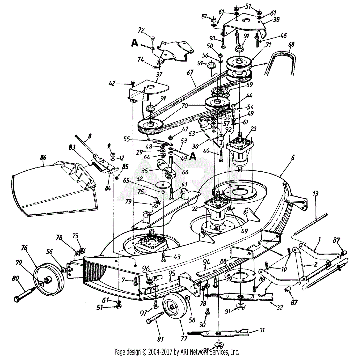 MTD 14AS845H372 (1997) Parts Diagram for Spindle, Deck Brake, and Chute ...