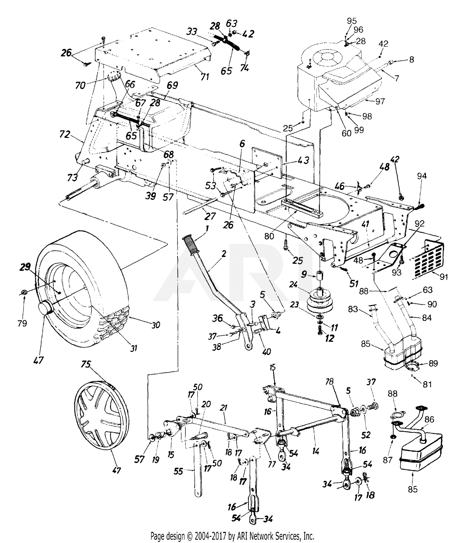 Mtd 14au845h062 1999 Parts Diagram For Deck Lift Wheel Rear Muffler And Engine Accessories