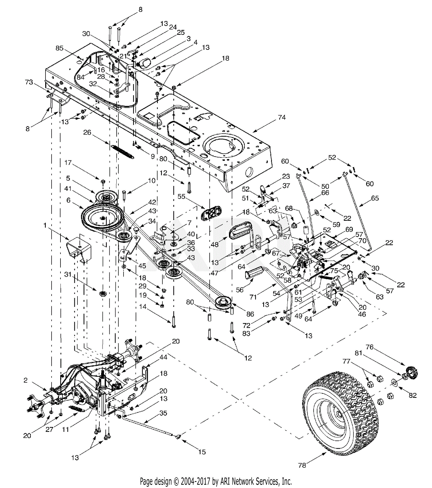 MTD 14AZ808K131 (2002) Parts Diagram for Drive, Wheels Rear, Controls