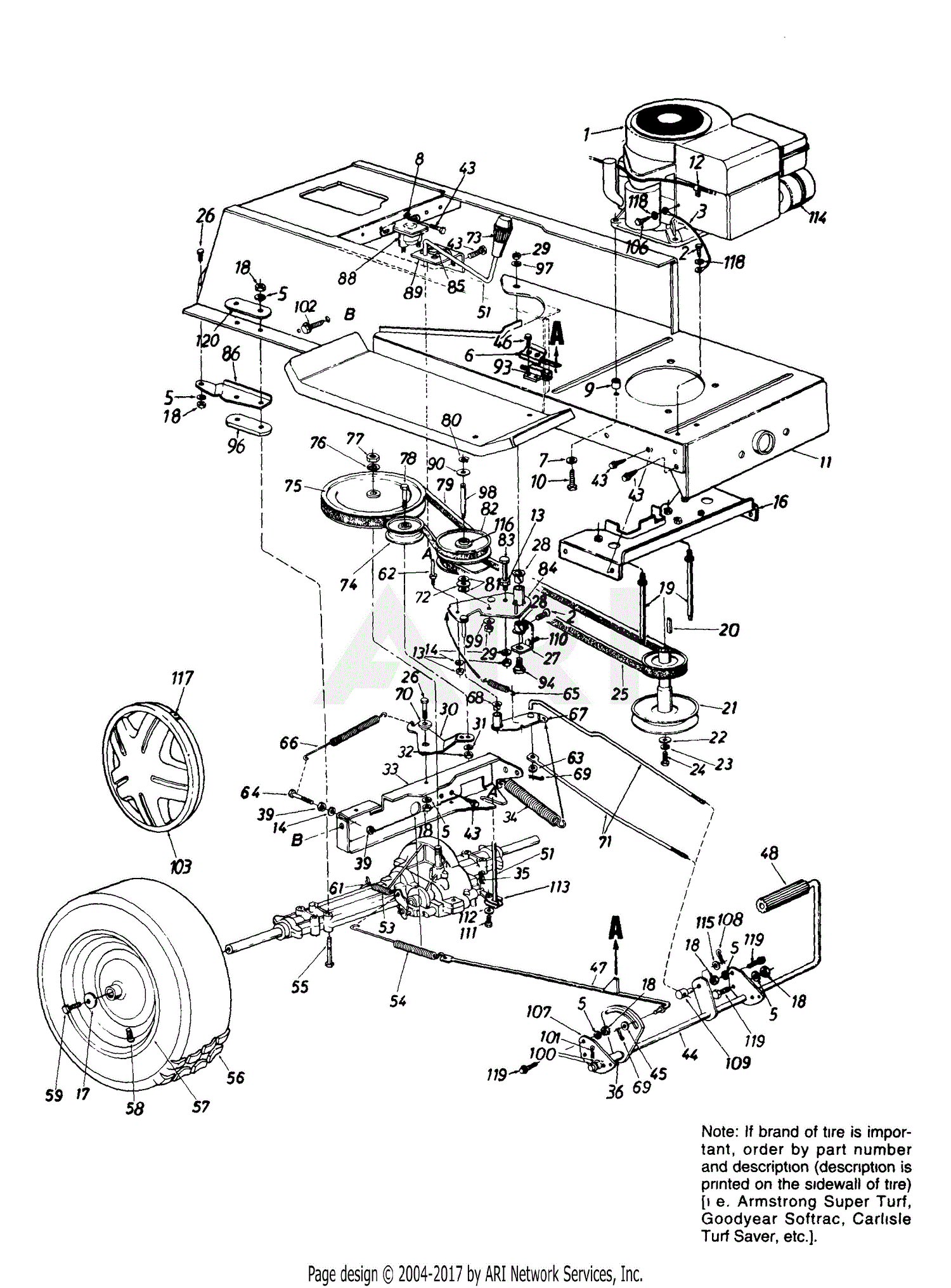 MTD 133H671F382 (1993) Parts Diagram for Engine And Wheel Assembly