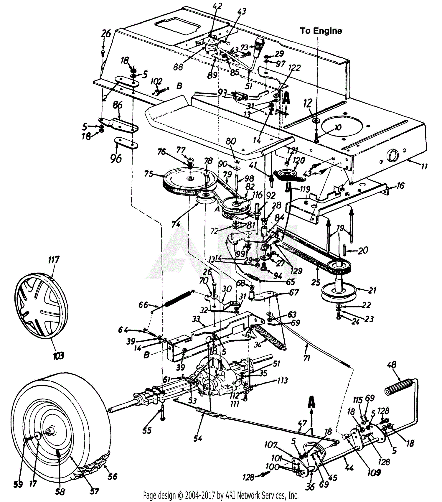 MTD 134M673G054 (1994) Parts Diagram for Wheels, Rear/Drive/Frame ...