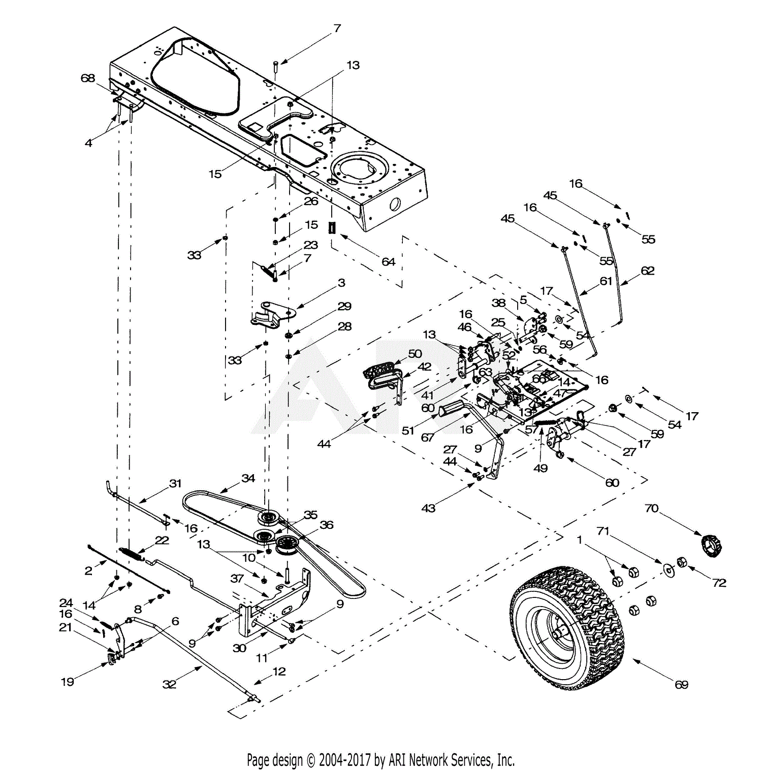 MTD 14AV818P205 (2001) Parts Diagram for Drive, Wheels Rear, Controls