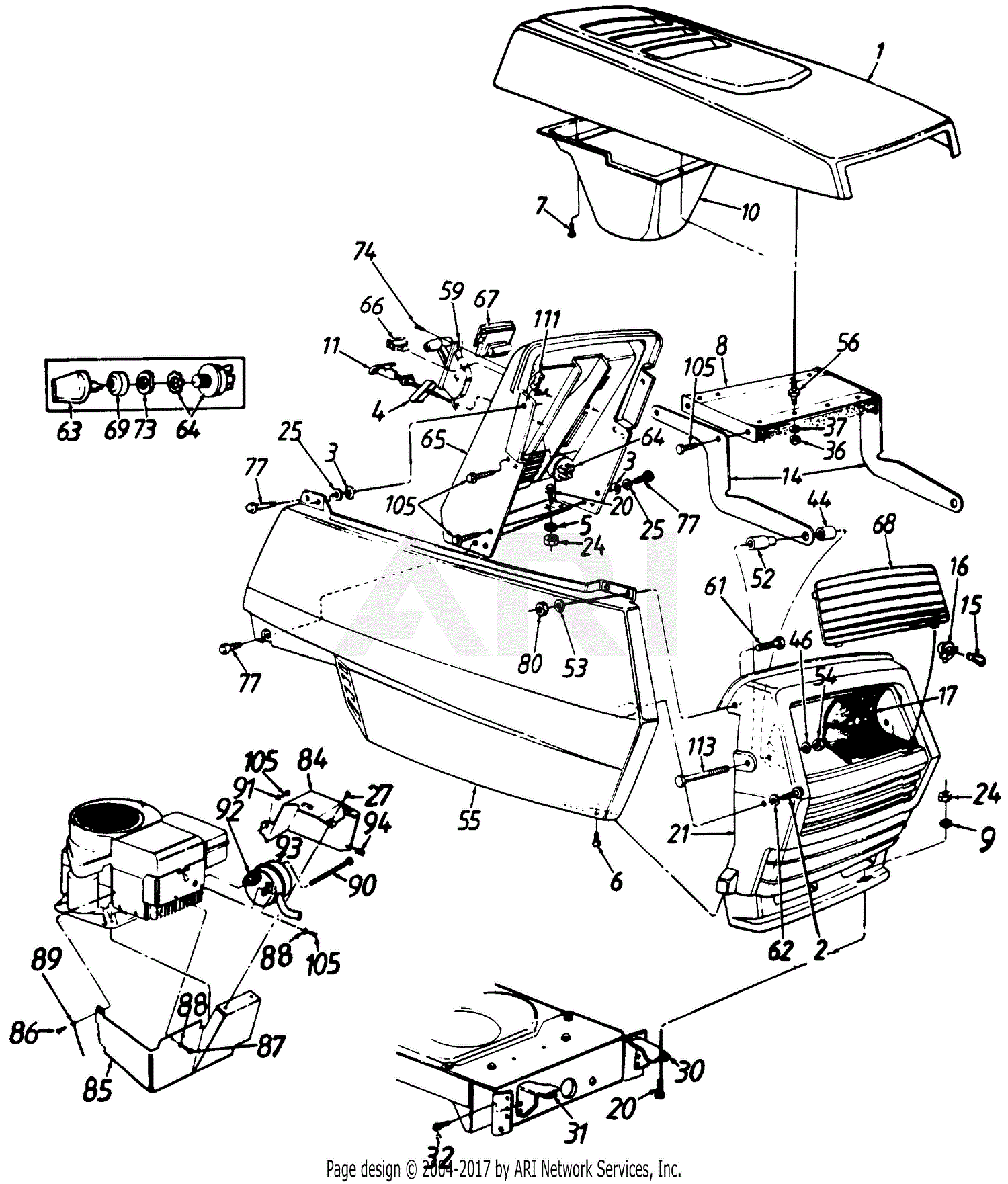 Mtd 133k696f190 Lt-125 (1993) Parts Diagram For Side Covers, Hood 