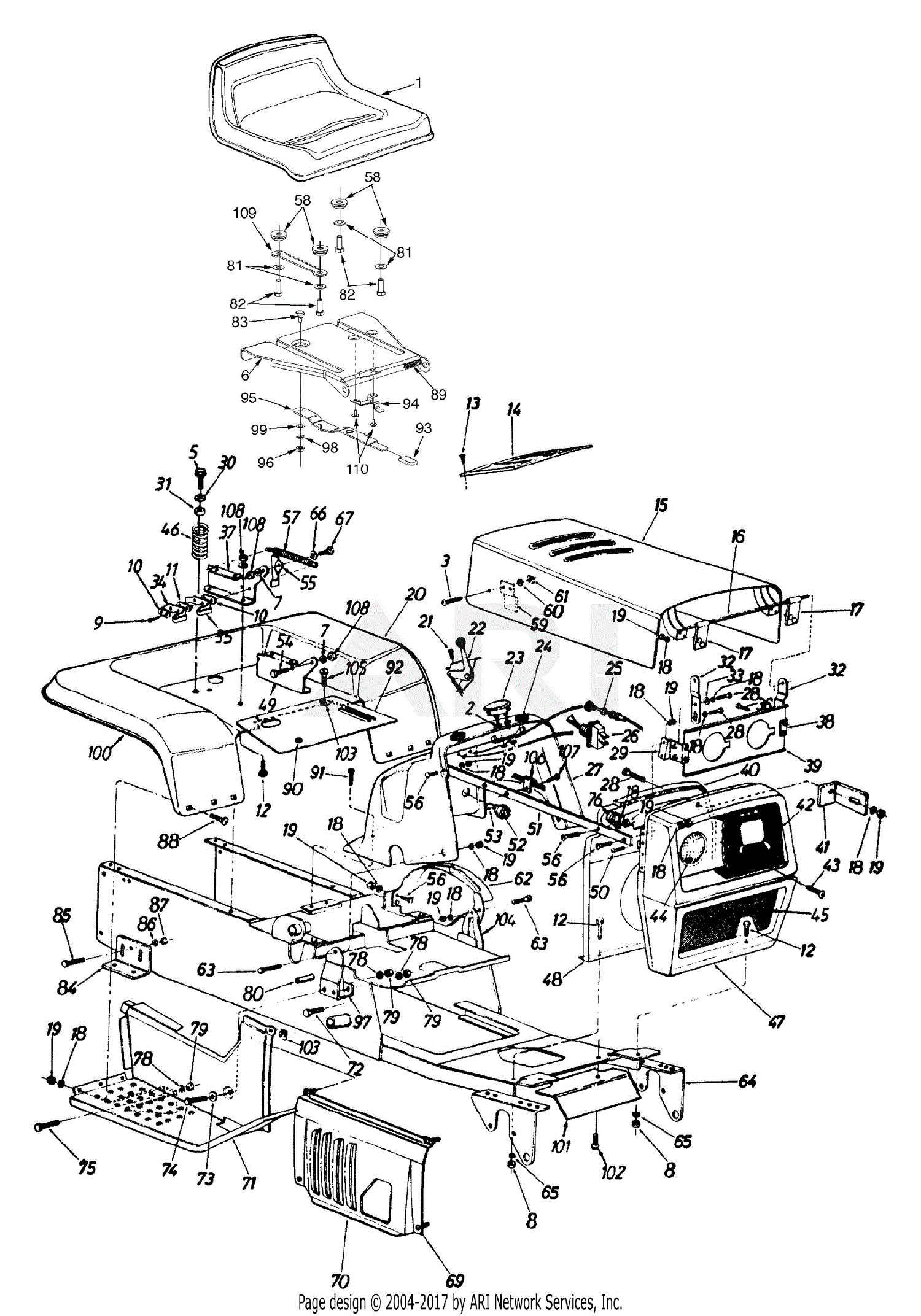 MTD 14A-992-190 GT-2055 (1999) Parts Diagram for Hood & Fender Assembly