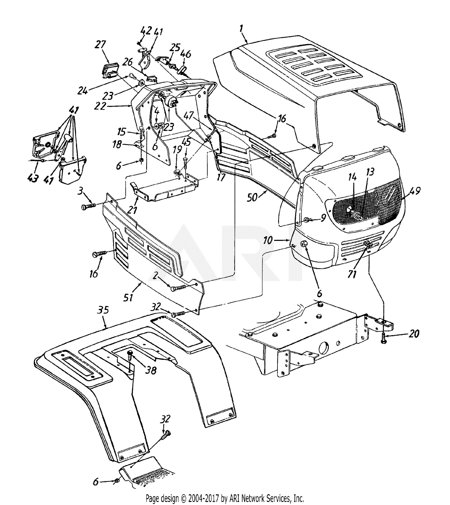 MTD 13BP673F190 LT-14 (1999) Parts Diagram for Hood & Fender Assembly LT-14