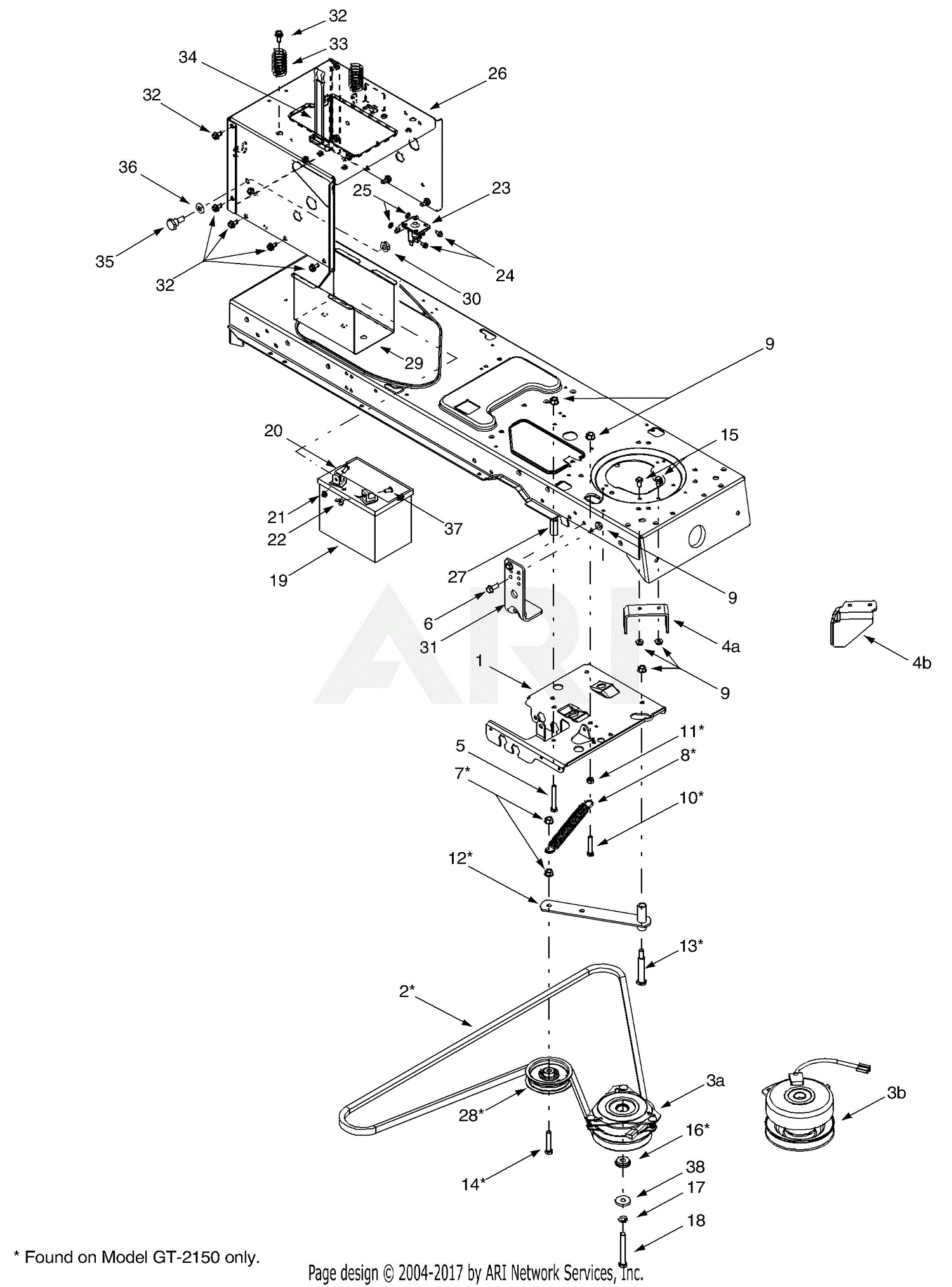 MTD 14BJ816H190 GT-2150 (2002) Parts Diagram for PTO, Battery, Frame