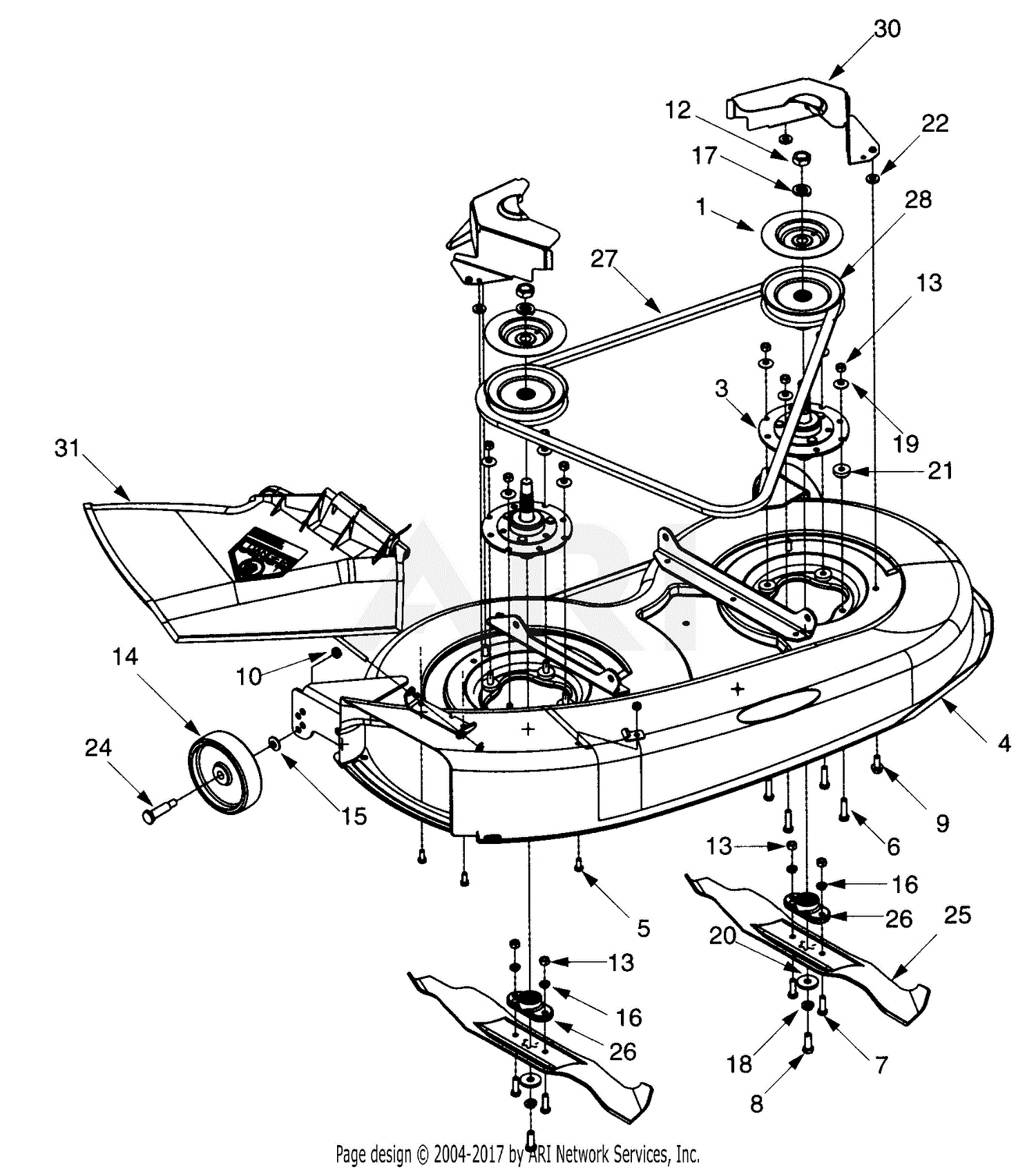 MTD 13AL470F054 (1997) Parts Diagram for Deck Assembly (three bolt-blade)