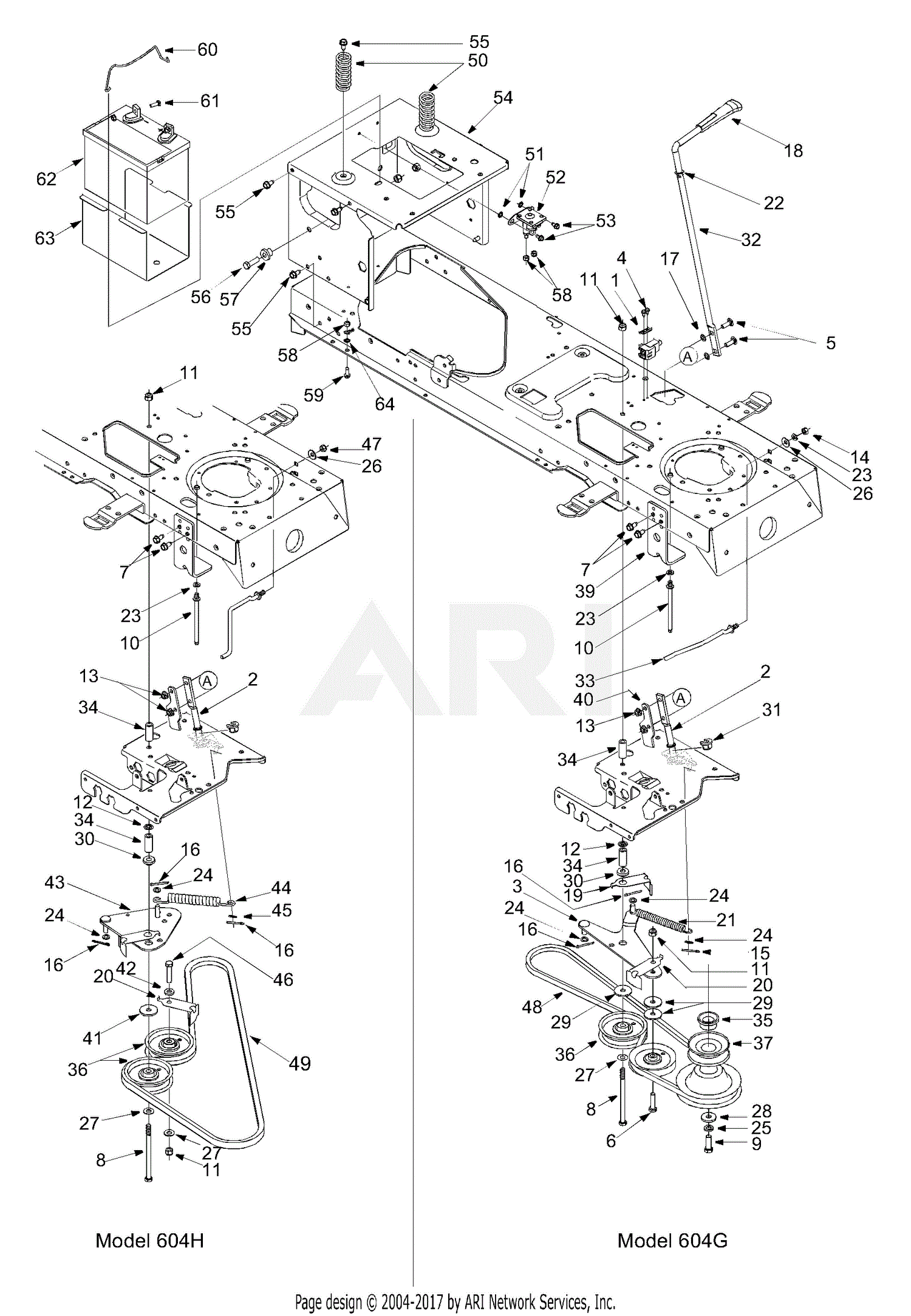 MTD 13AT604H755 (2004) Parts Diagram for PTO, Battery, Frame 1 engine belt diagram 