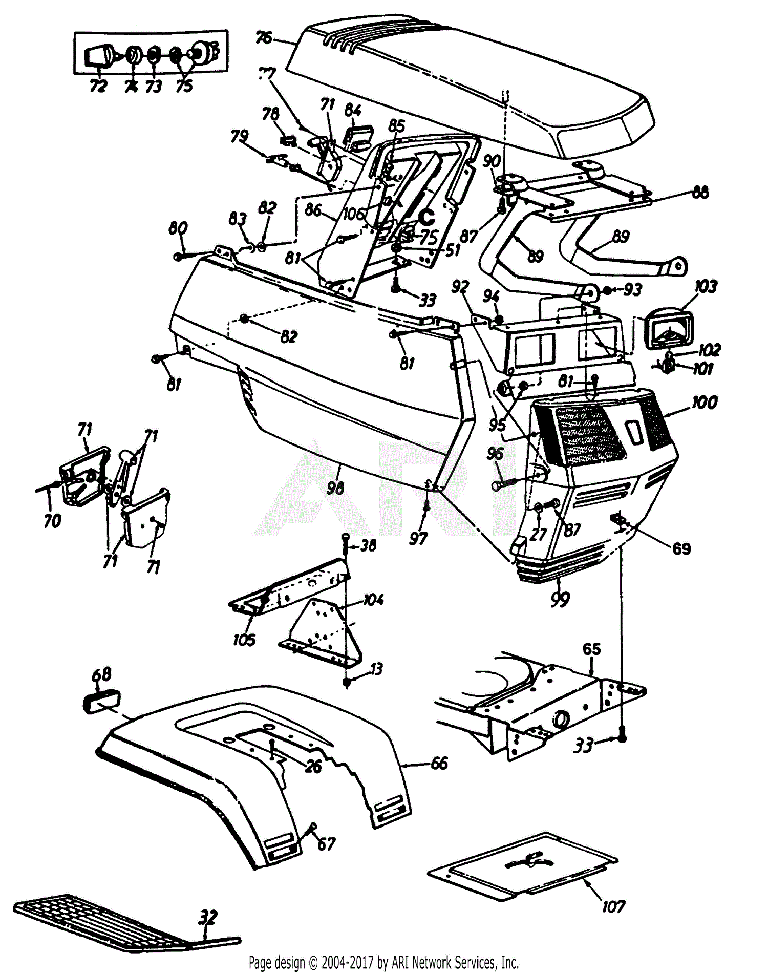 MTD 13A1674G401 (1997) Parts Diagram for Hood Assembly, Grille & Fender