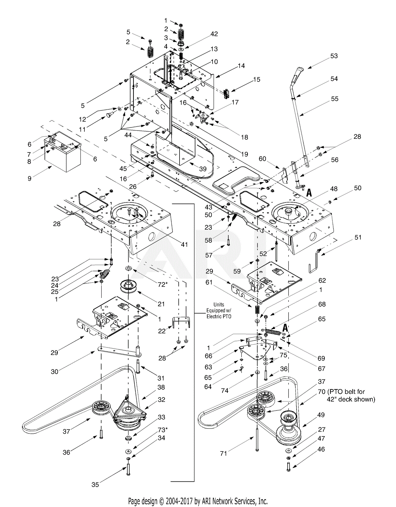 MTD 13AK604G401 (2000) Parts Diagram for PTO Drive, Battery, Frame ...