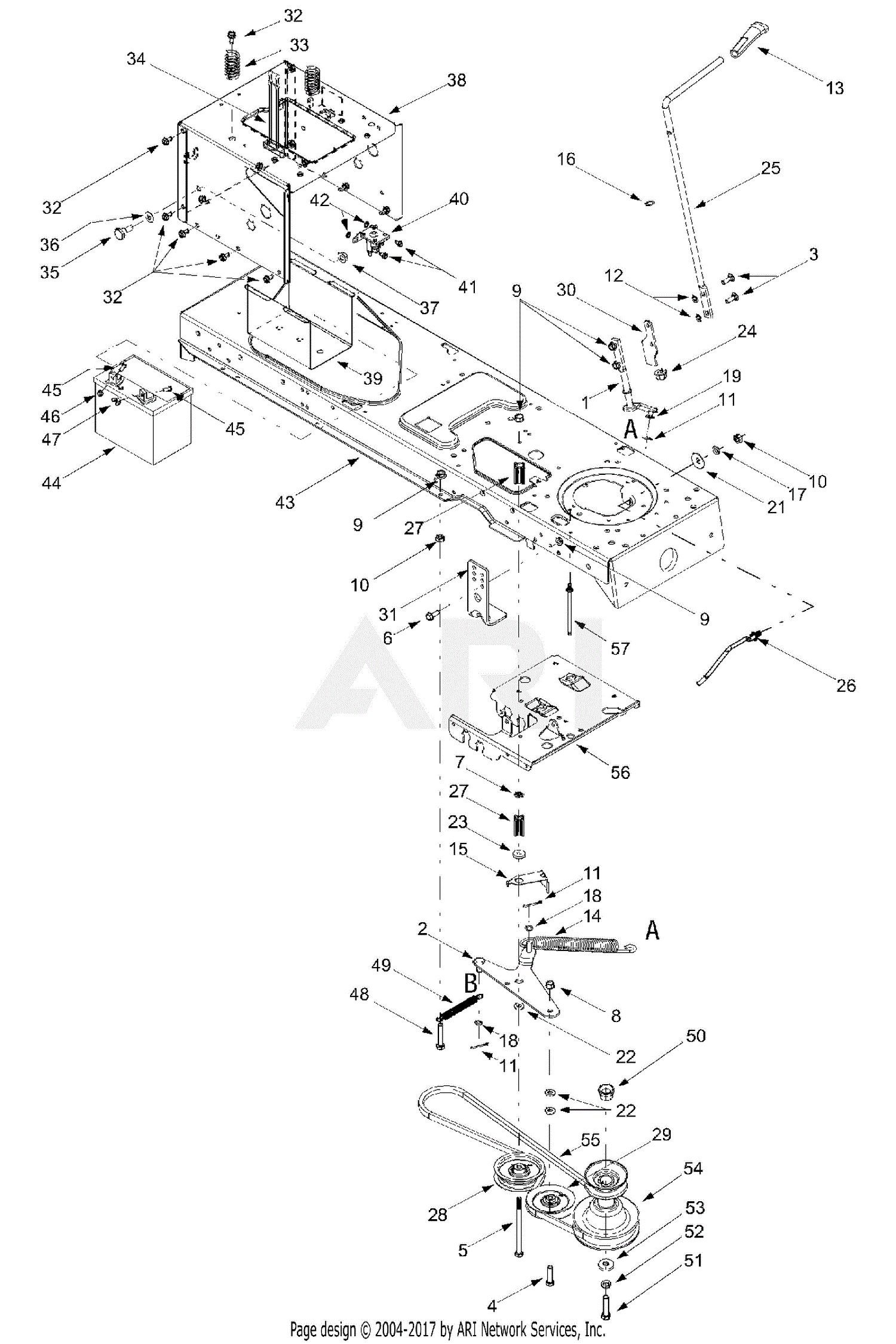 MTD 13AA604F401 (2002) Parts Diagram for PTO Drive, Battery, Frame