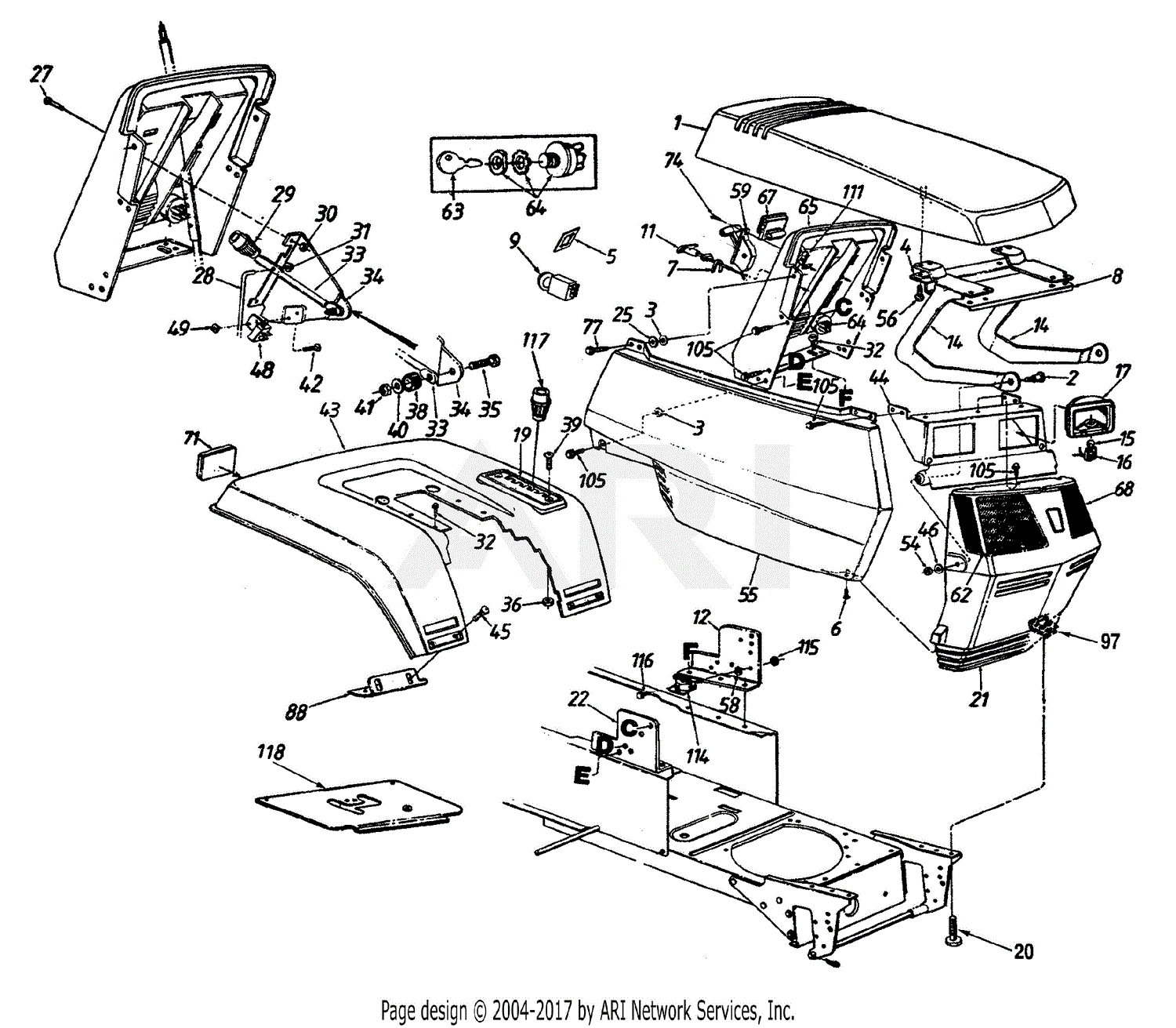 MTD 14AU844H401 (1998) Parts Diagram for Hood Assembly, Grille & Fender