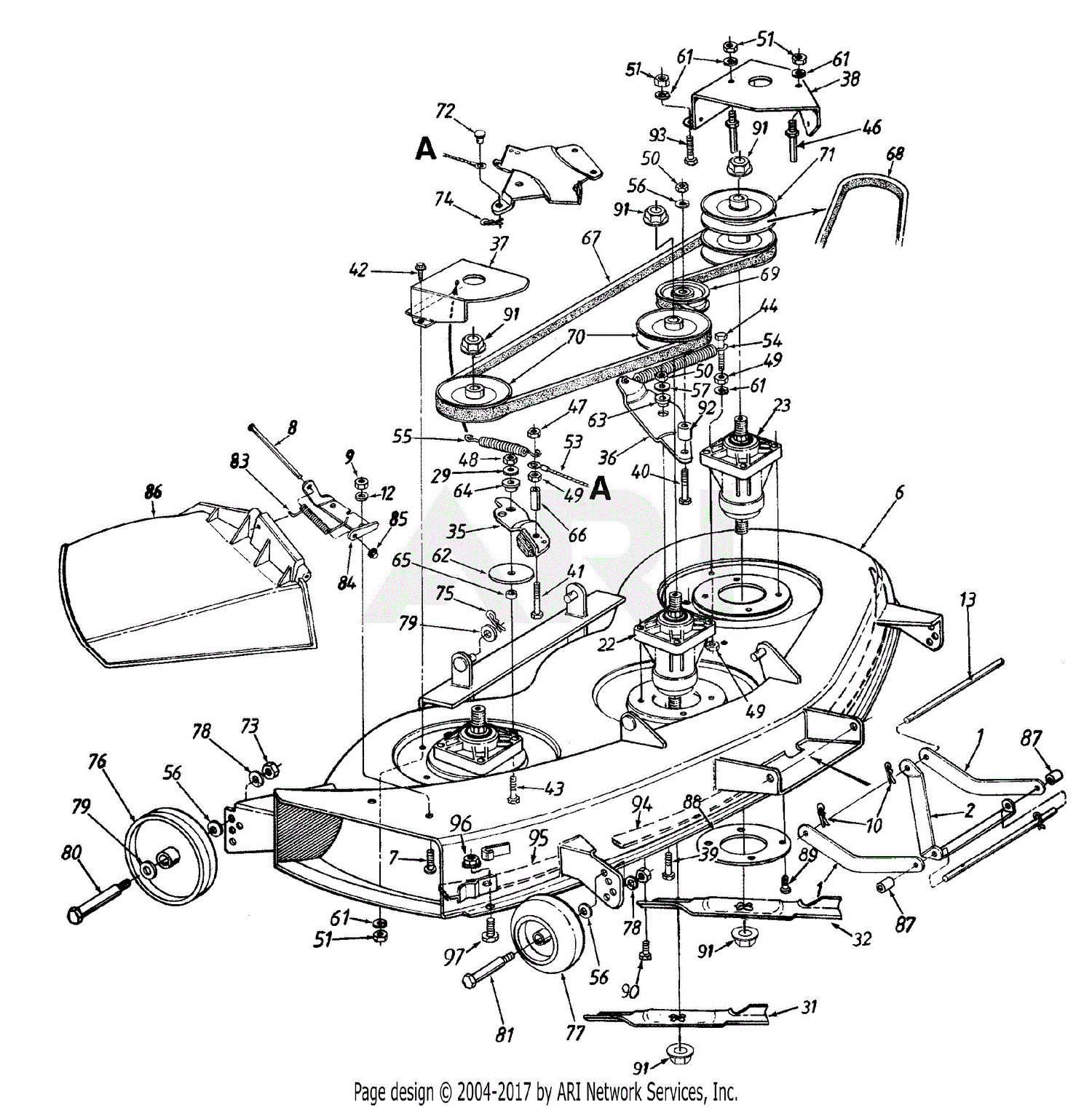 MTD 14AW834H401 (1998) Parts Diagram for Deck Assembly & Blades