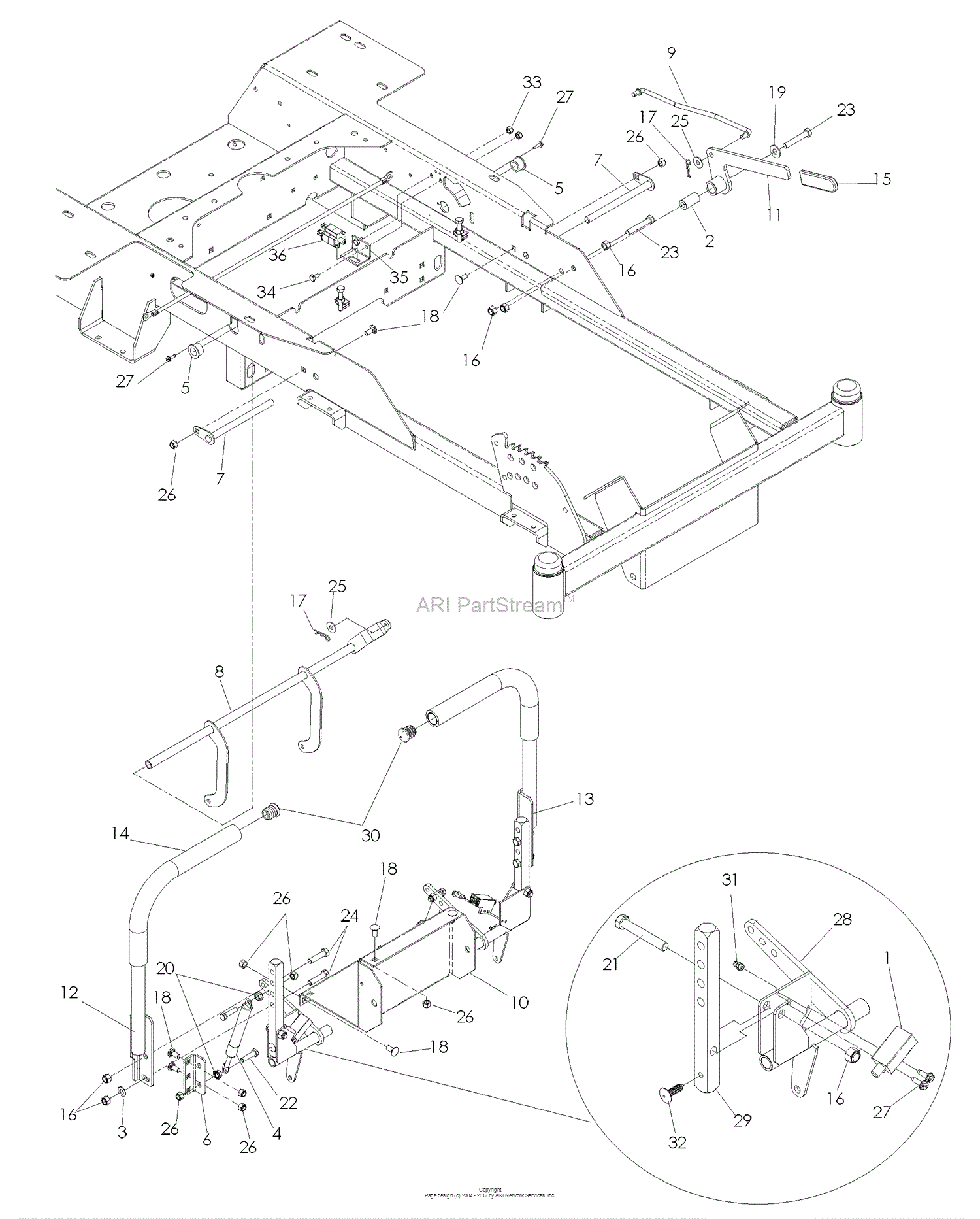 Dixon RAM 44 B&S - 968999551 (2008) Parts Diagram for STEERING & PARK BRAKE