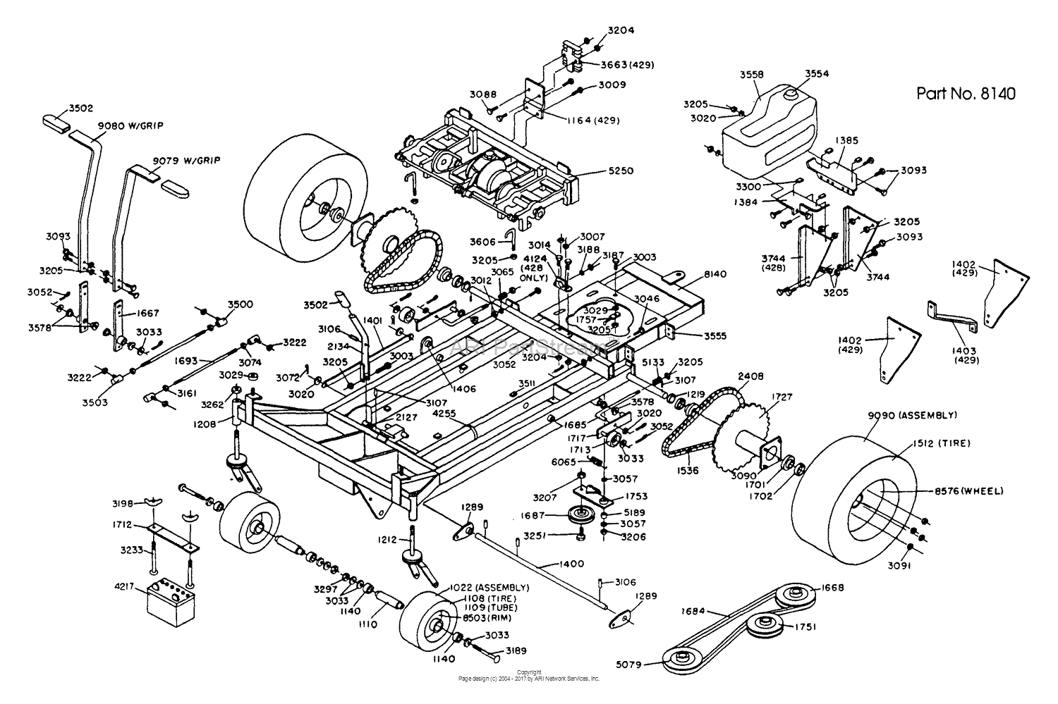 Dixon ZTR 428 (1990) Parts Diagram for CHASSIS ASSEMBLY.