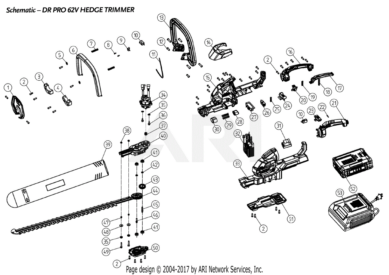 DR Power Pro 62V Hedge Trimmer Parts Diagram for 62V Hedge Trimmer Assembly