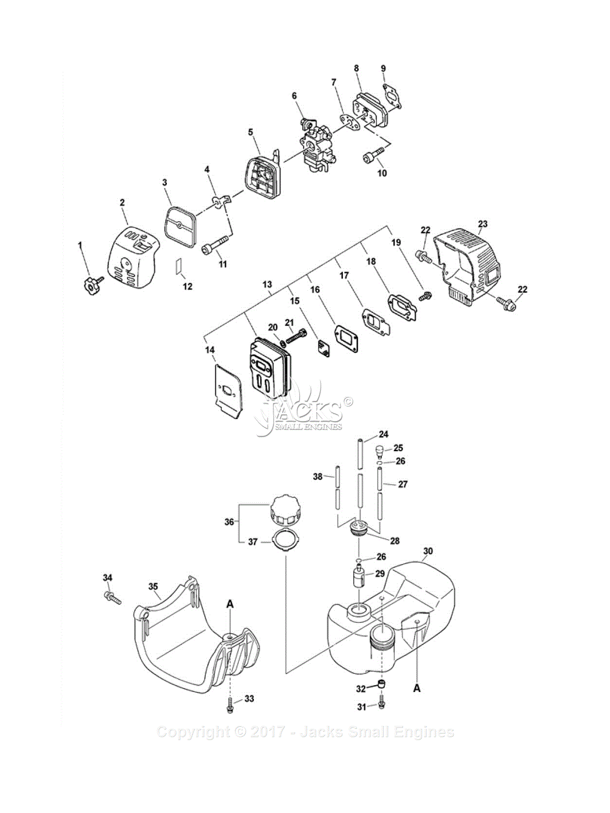 Echo PE-2601 Type 1E Parts Diagram for Intake, Exhaust, Fuel System, Stand