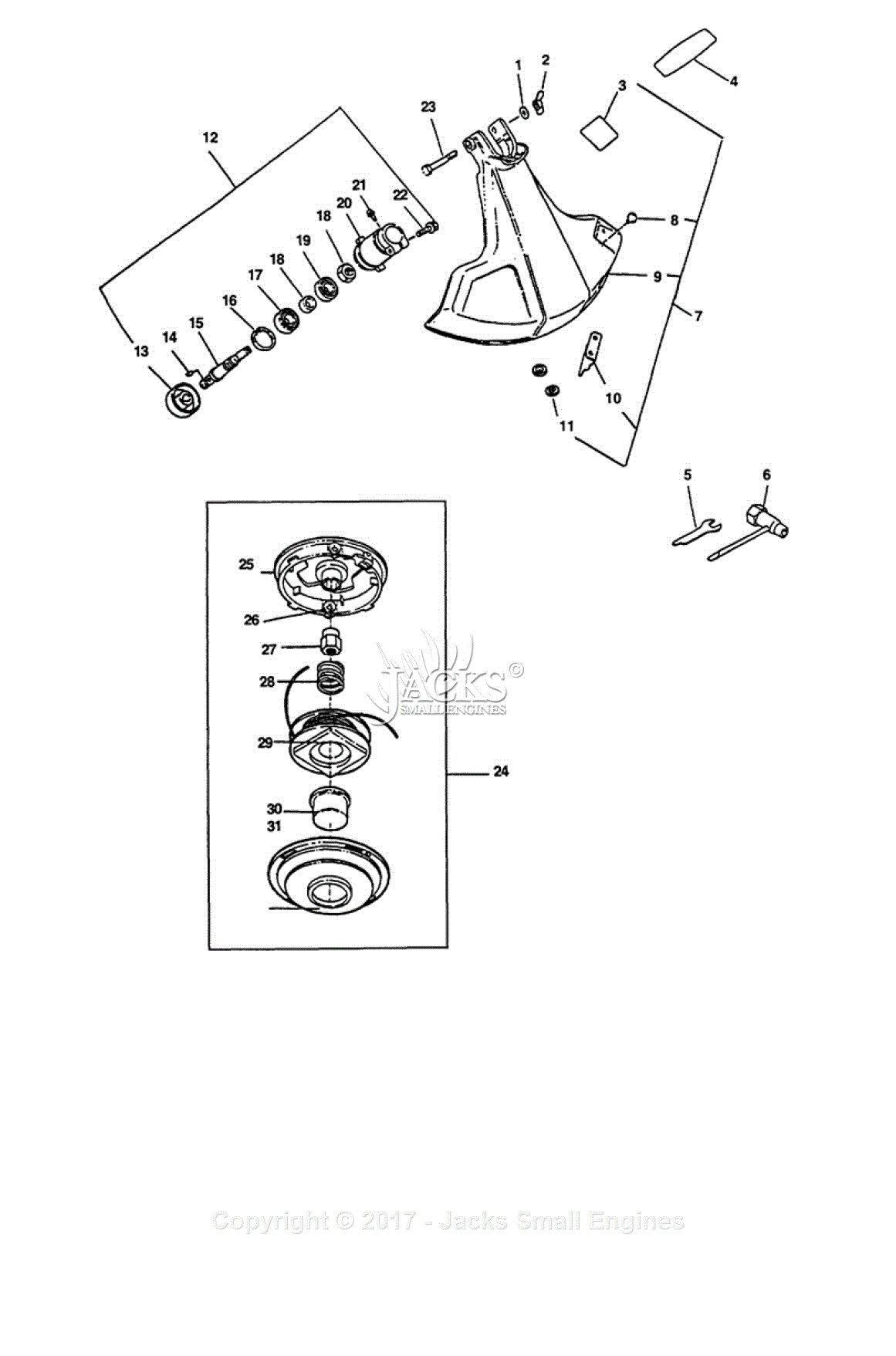 Echo GT-2400 Parts Diagram for Shield, Gear Case, Tools, Line Head