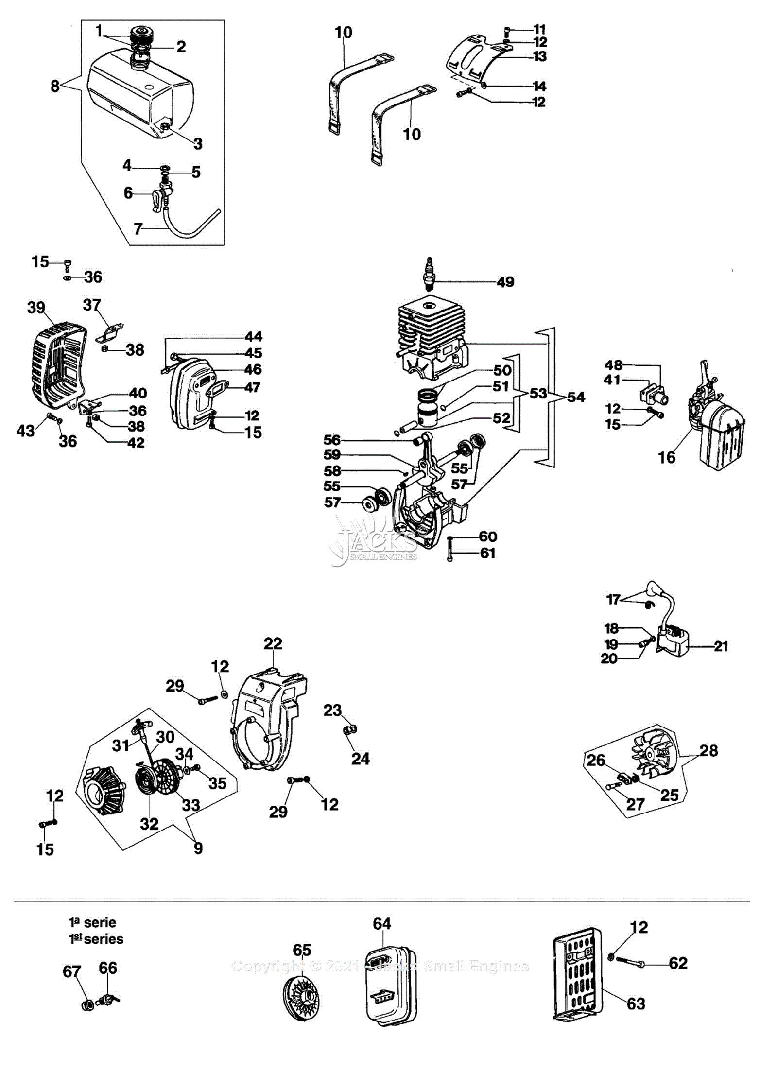 Efco SA 18 Parts Diagram for 1 - Starter assy and engine