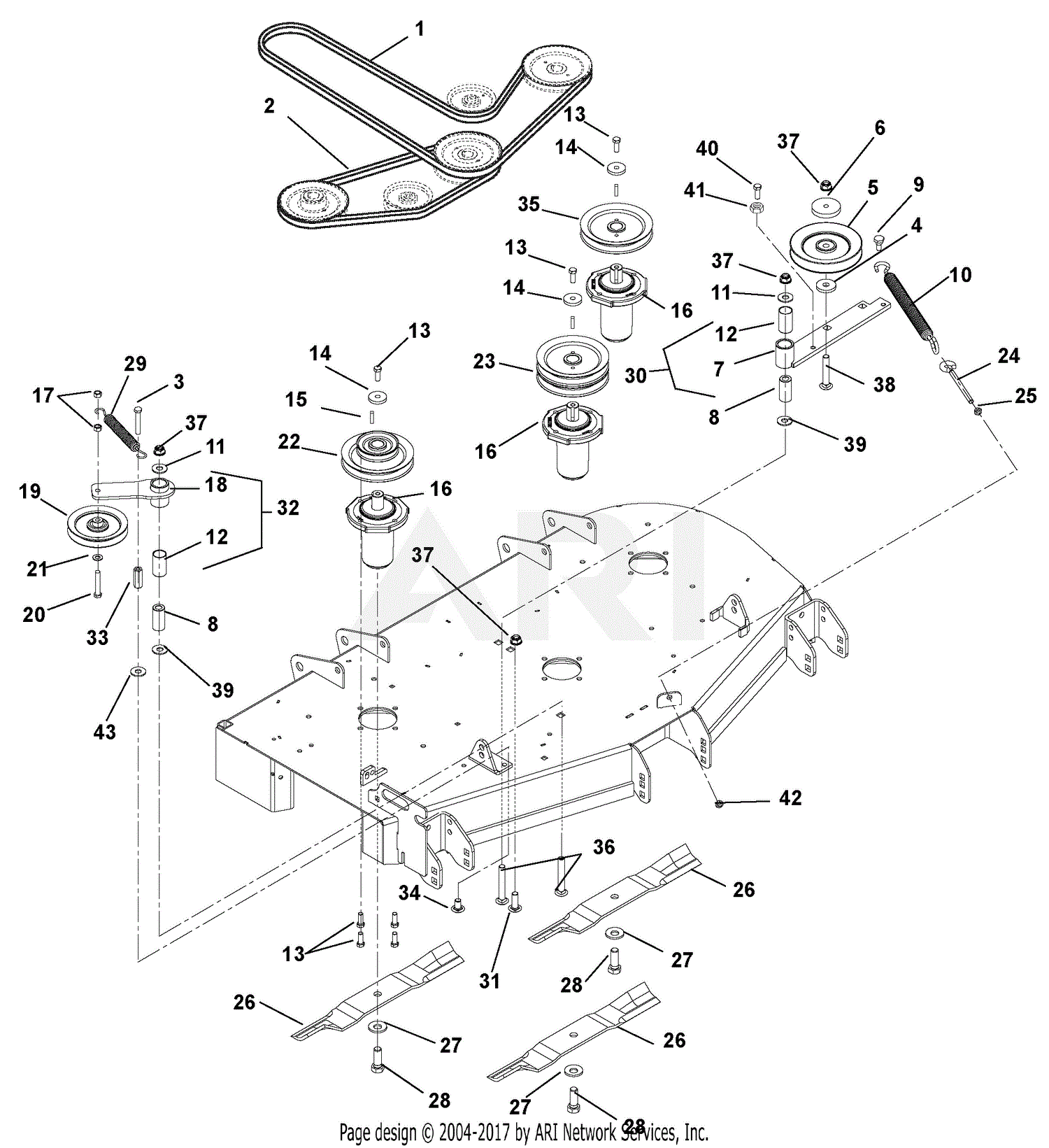 Gravely 991090 010000 019999 Zt 44 Hd Parts Diagram For Belts Spindles Idlers And Mower Blades 44 48
