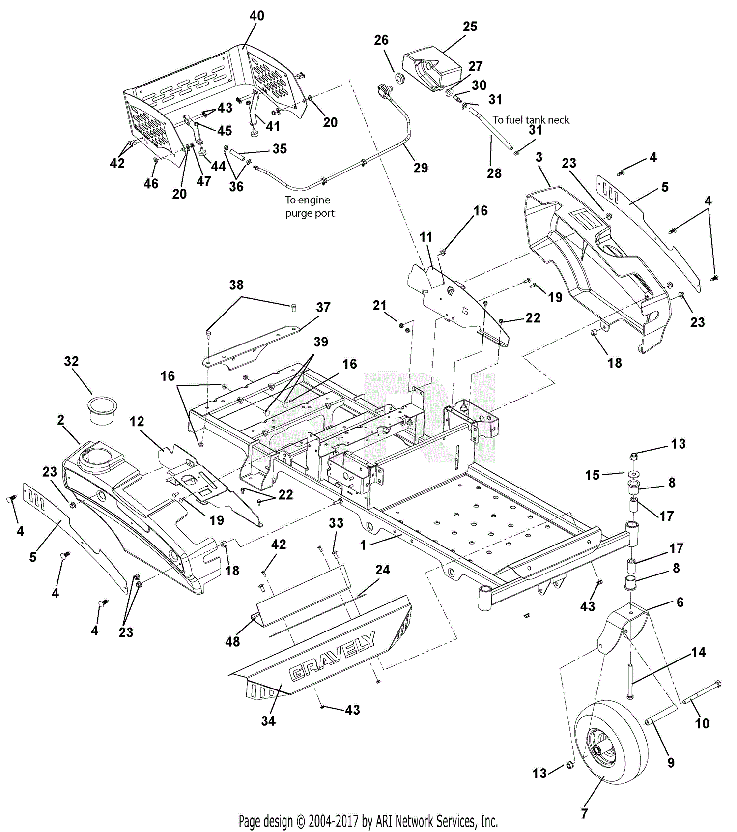 Gravely 915148 030000 034999 ZT 42 Parts Diagram for Frame Hood Fenders Casters And Tires