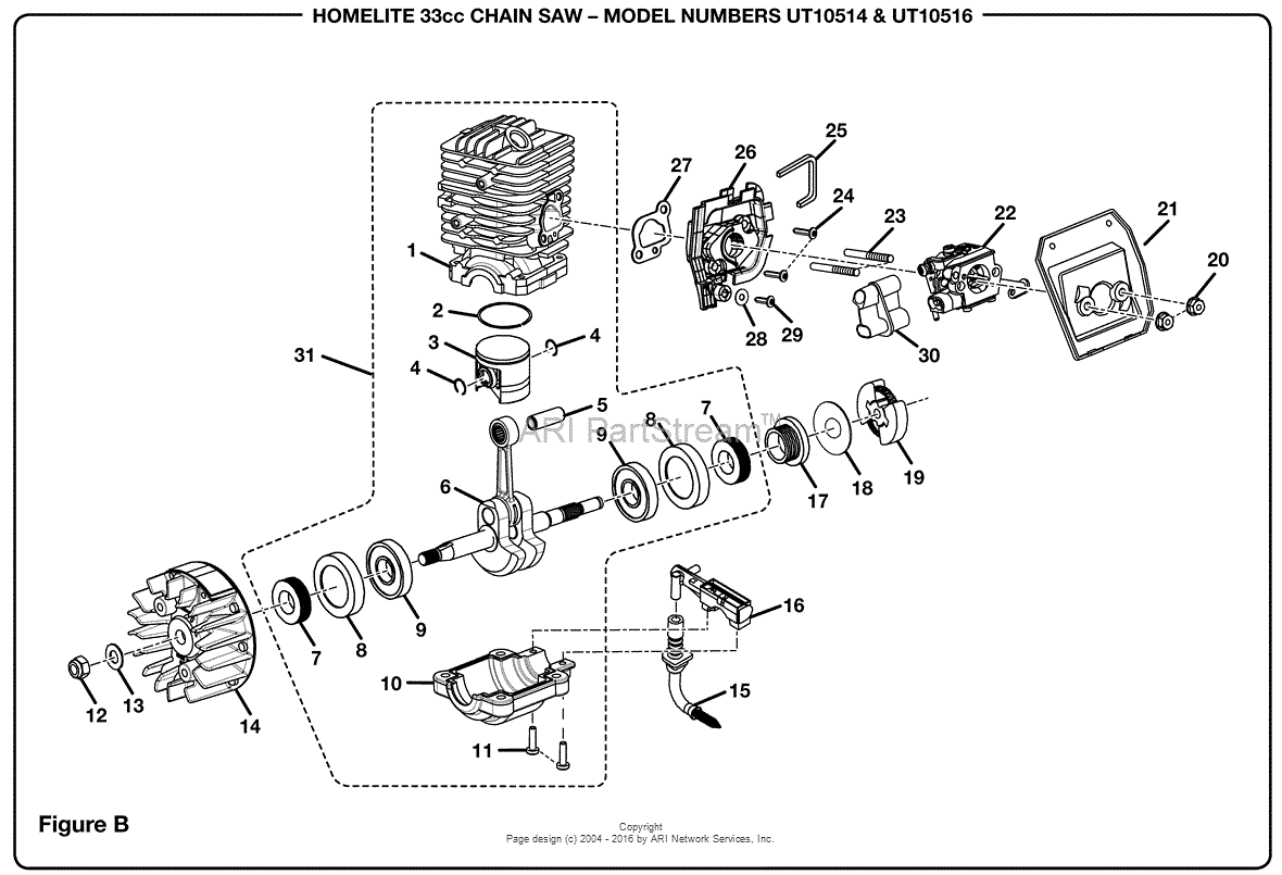 Homelite 33cc Chain Saw UT 10514 Parts Diagram For Figure B.