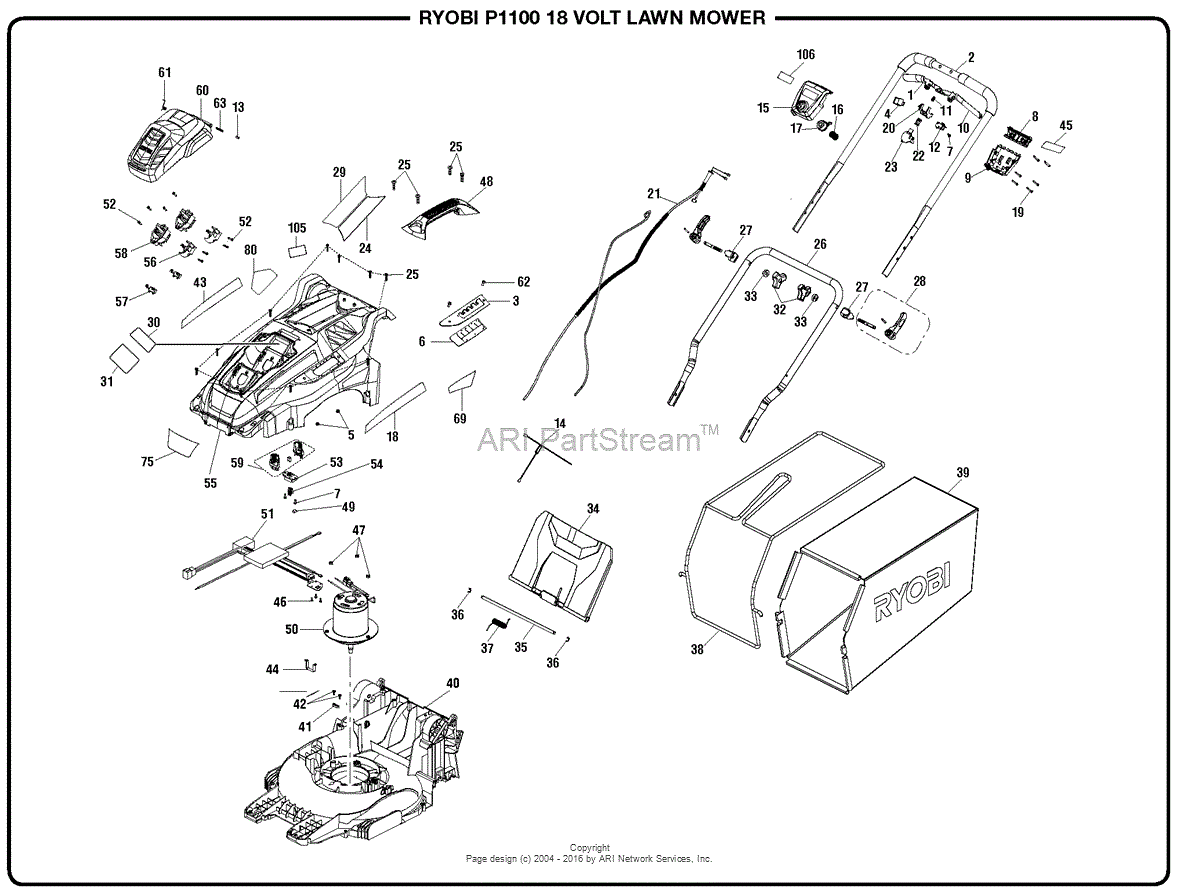 Homelite P1100 18 Volt Lawn Mower Mfg. No. 107178001 Parts Diagram for ...