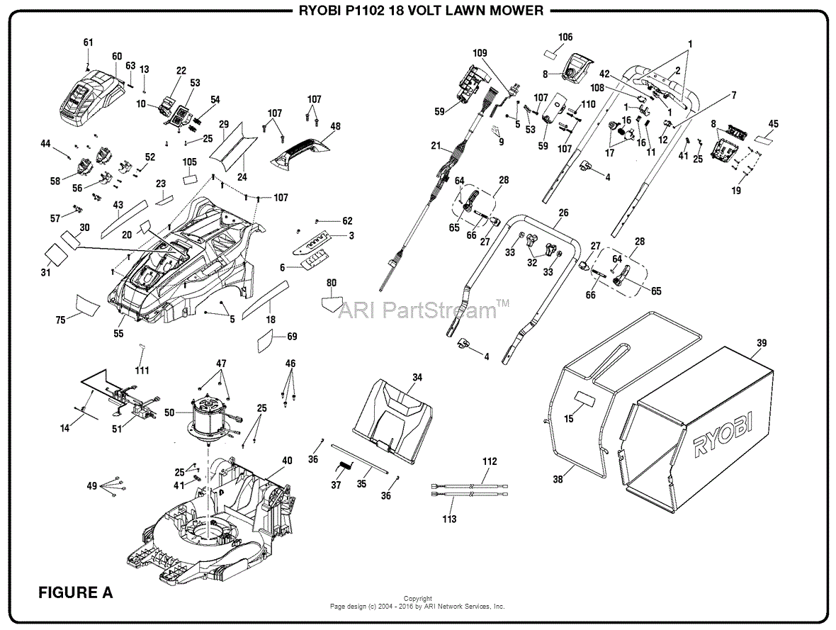 Homelite P1102 18 Volt Lawn Mower Mfg. No. 107179001 Parts Diagram for ...