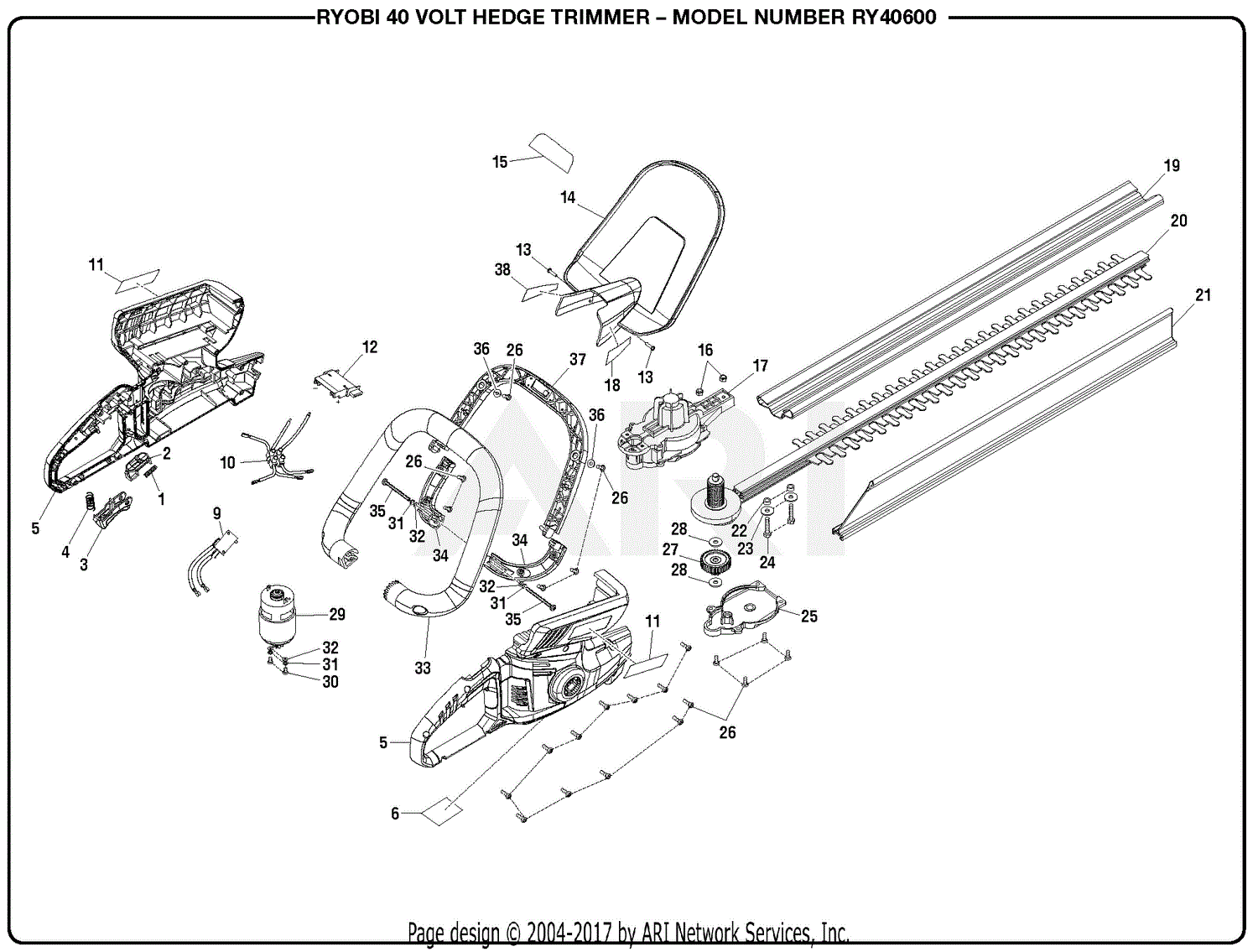 Homelite RY40600 40 Volt Hedge Trimmer Parts Diagram for General Assembly