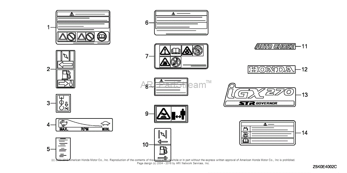 Honda Engines GX270UT2 QXC9 ENGINE THA VIN GCBGT 1000001 Parts Diagram For OTHER PARTS LABEL