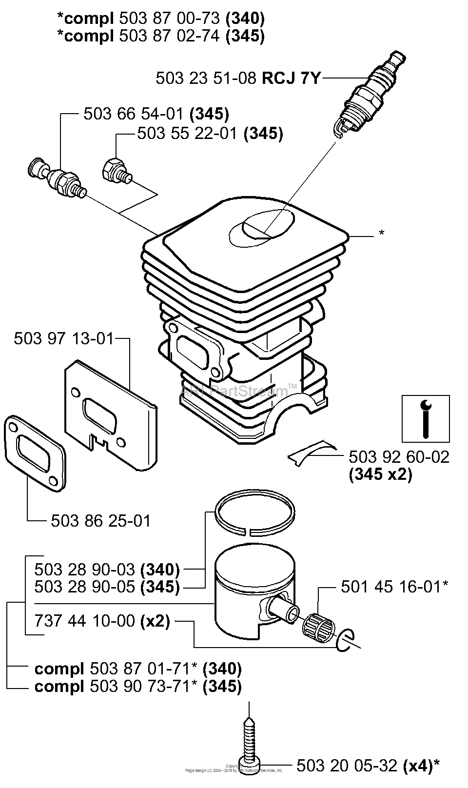 Husqvarna 345 (2001-09) Parts Diagram for Piston / Cylinder 240 30 plug diagram 