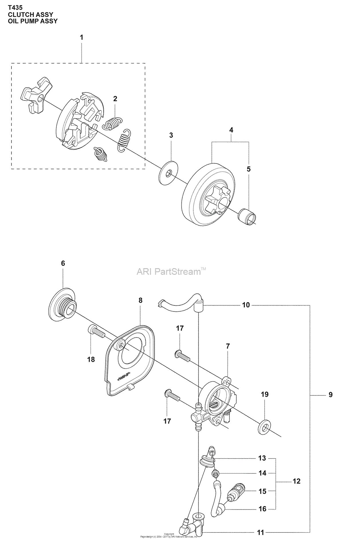 Husqvarna T 435 (2009-02) Parts Diagram for Clutch Drum, Oiler 199 7 3 fuel filter 