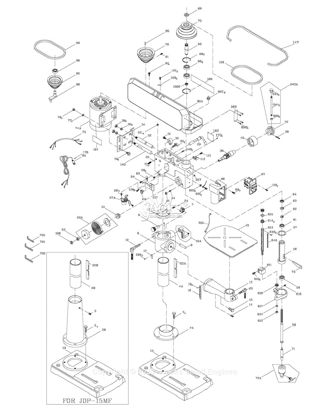 Jet Tools JDP-15M JDP-15MF Drill Press 354165 Parts Diagram for Parts List