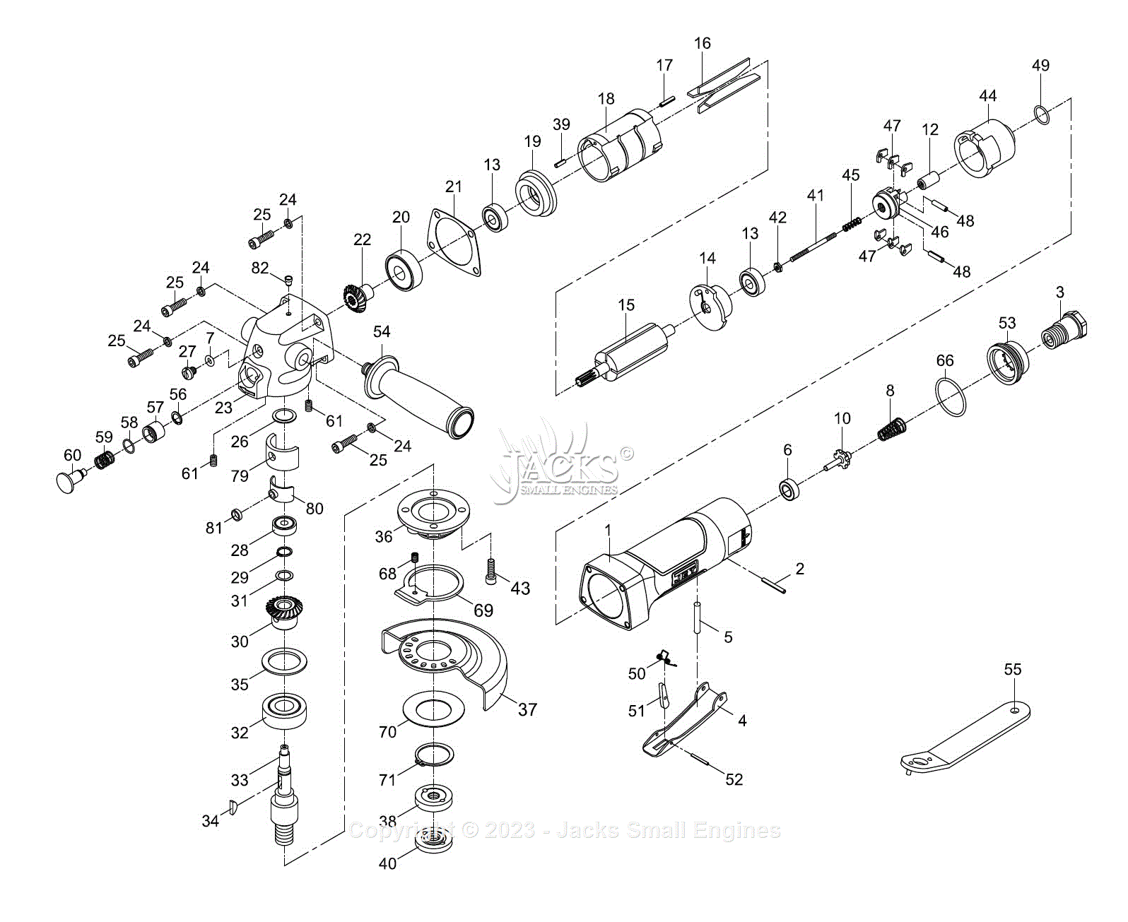 Jet Tools JAT-450 JAT-451 Pneumatic Angle Grinder 505450 Parts Diagram ...