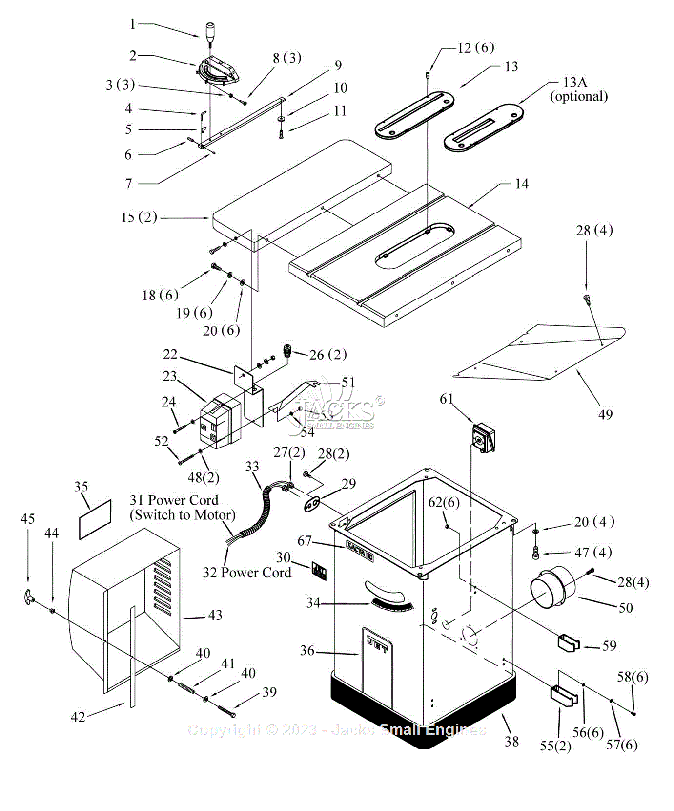 Jet Tools JTAS-10DX 10-inch XACTA Saw Deluxe 708674 Parts Diagram for ...