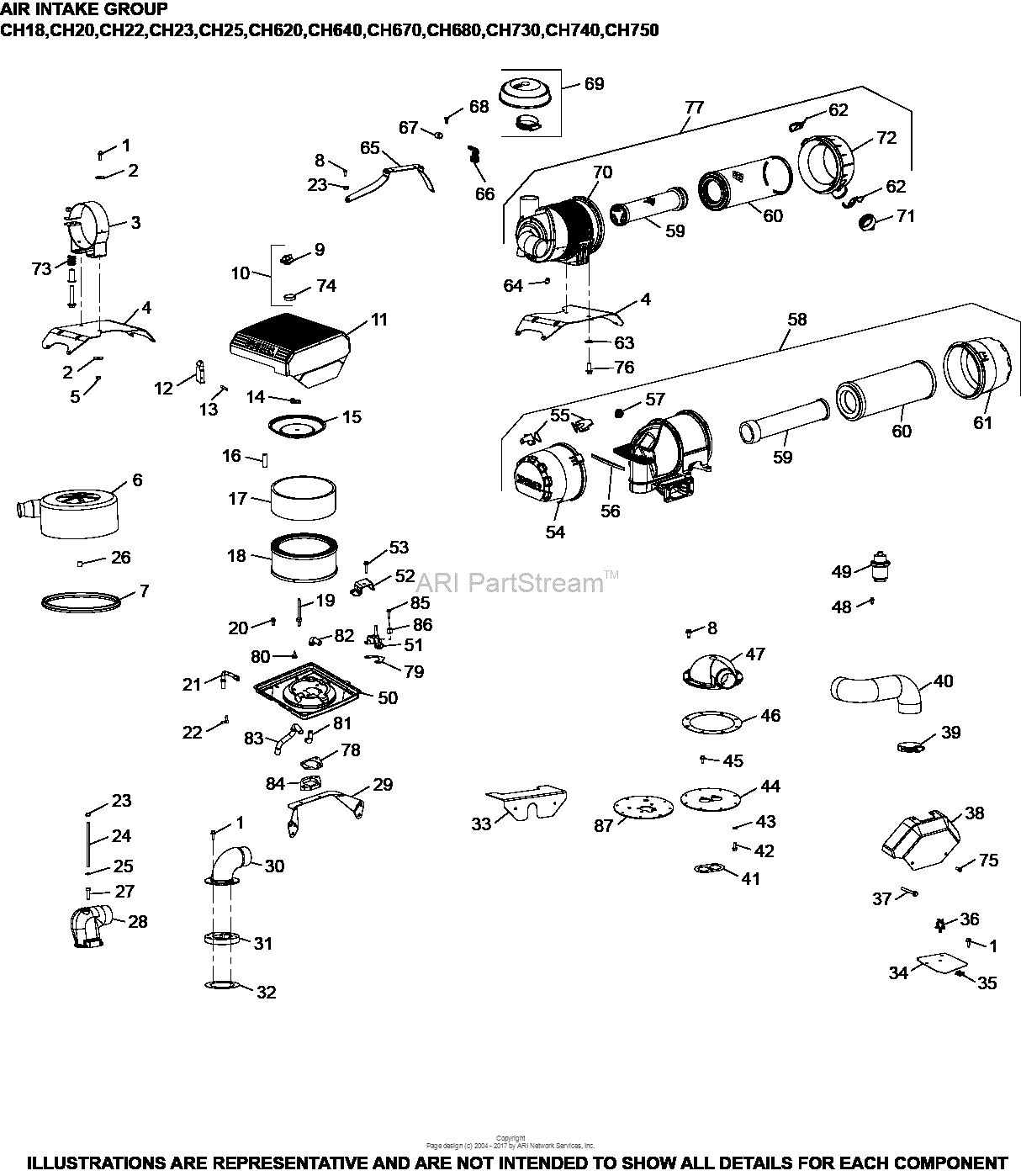 Kohler CH23-76582 Kubota 23 HP (17.2 KW) Parts Diagram for Air Intake ...