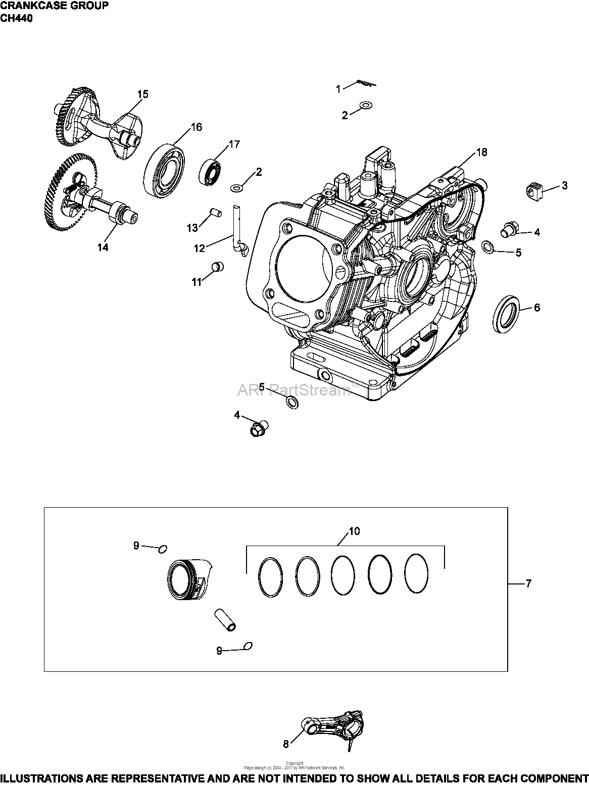 Kohler Ch440 0011 Basic Gross Power 3600 Rpm 14 Hp 105 Kw Parts Diagram For Crankcase Group 6669