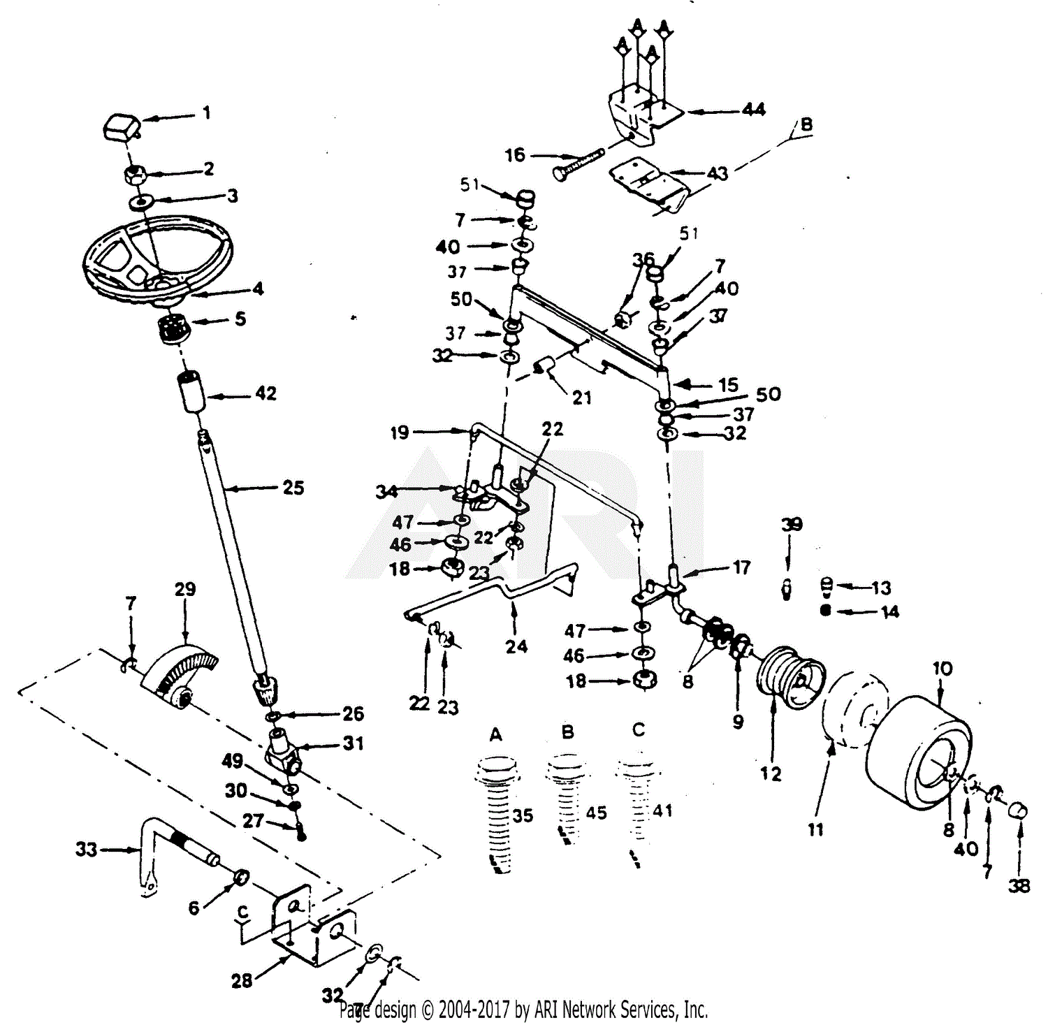 Poulan XC1122B Tractor Parts Diagram for STEERING, FRONT AXLE AND WHEELS