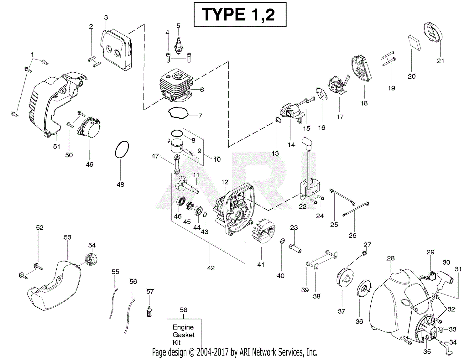 Poulan XT260 Gas Trimmer Type 1 Parts Diagram for Engine Type 1,2