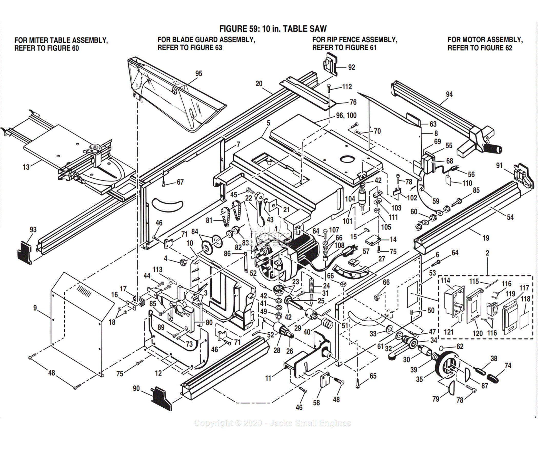 Ryobi BT3000 Parts Diagram for Figure 59 10 in. Table Saw