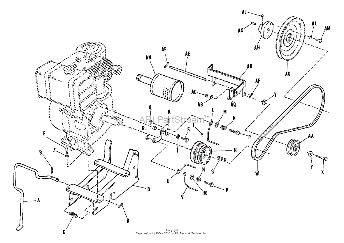 Simplicity 990389 - Model W, Walk Behind Tractor Parts Diagram for Engine  Base & Pulleys Group (3643I01)